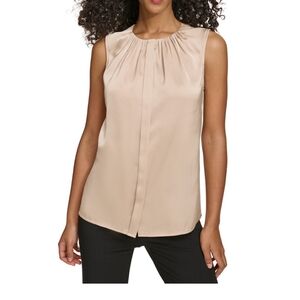 Calvin Klein Satin Like Sleeveless Top Blouse Silver Beige Grey Work Dressy XL